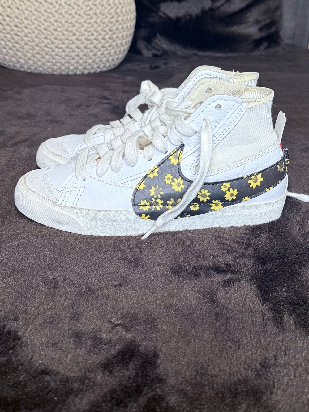 Nike White High-Top Sneakers with Black and Yellow Floral Swoosh